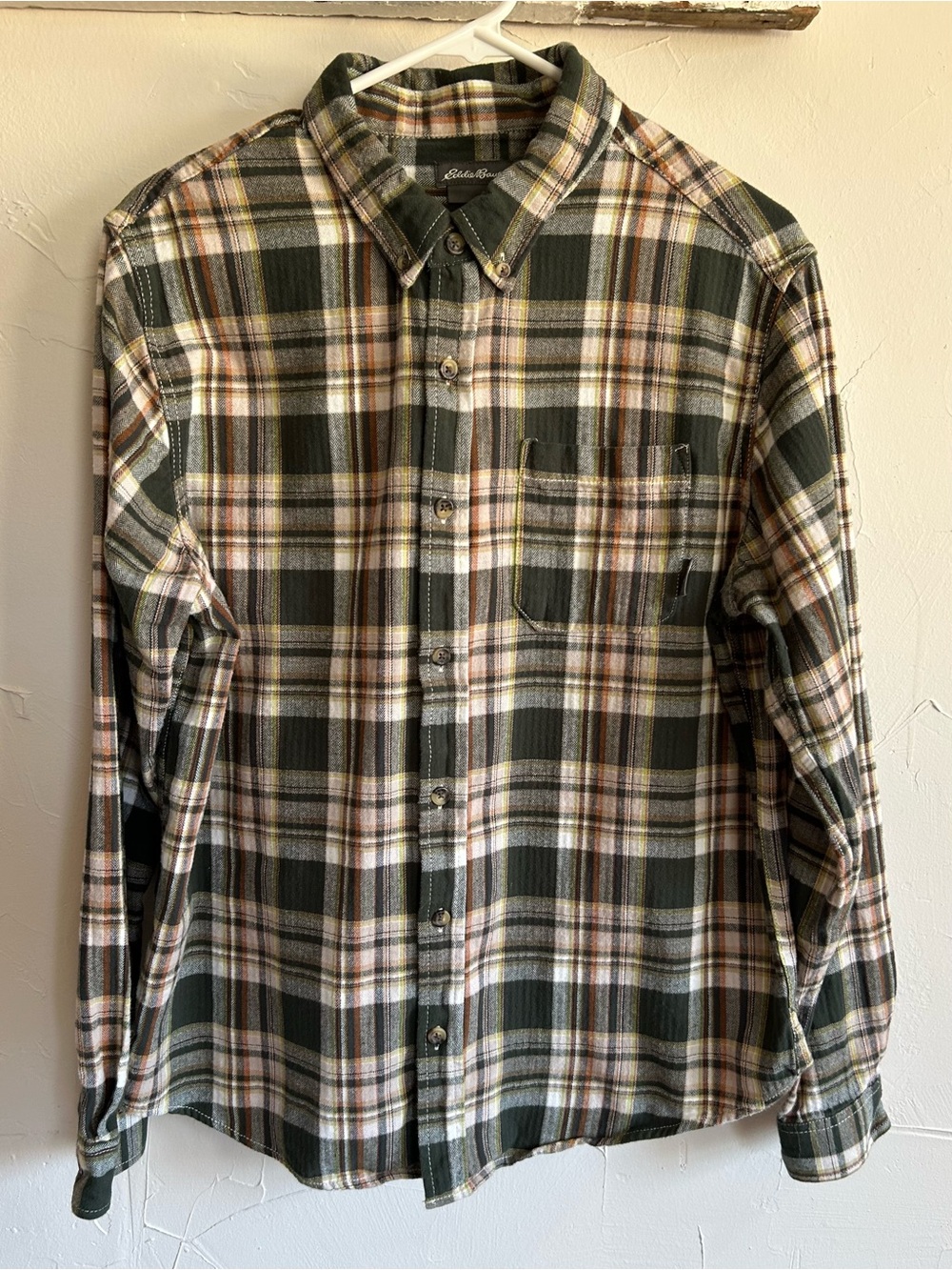 Eddie Bauer Men's Green and Brown Plaid Button-Down Shirt